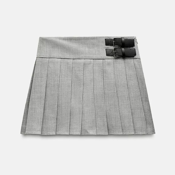 Zara Dresses & Skirts - Gray Plaid Pleated Skort with Buckle Detail